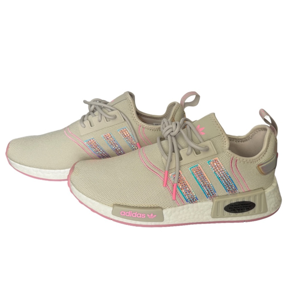 Adidas NMD R1 Beige Sneakers with custom pink‎ AB crystals on all 4 logos